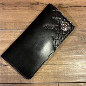Black Leather Long Bifold Wallet with Deer Accent